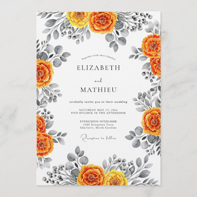 Convites Casamento Romântico com Aguarela Floral Laranja (Frente)