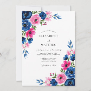 Convites Casamento Romântico com Aguarela Fuchsia Marinho