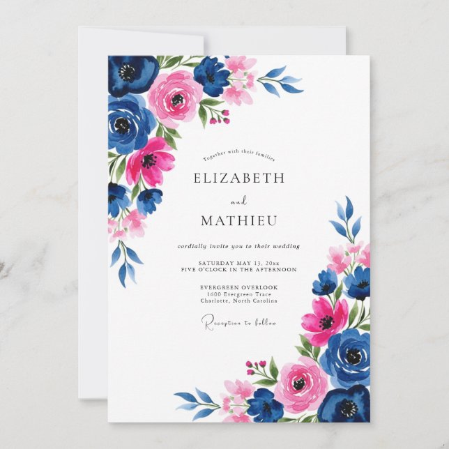 Convites Casamento Romântico com Aguarela Fuchsia Marinho (Frente)