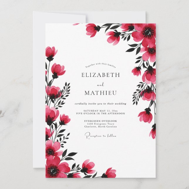 Convites Casamento Romântico com Aguarela Magenta (Frente)