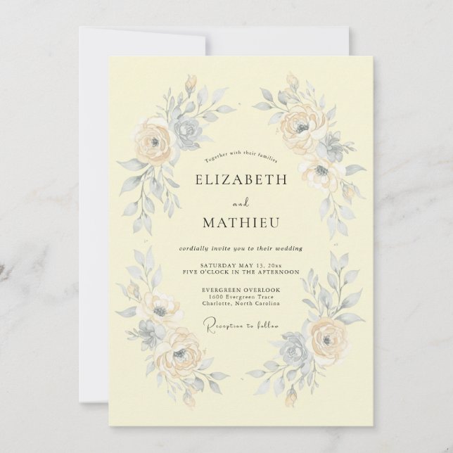 Convites Casamento Romântico com Aquarela Amarela Pálida (Frente)