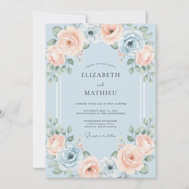 Convites Casamento Romântico com Aquarela Azul Claro (Frente)