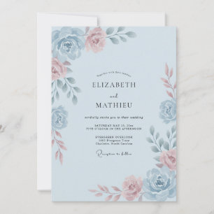 Convites Casamento Romântico com Aquarela Azul Claro