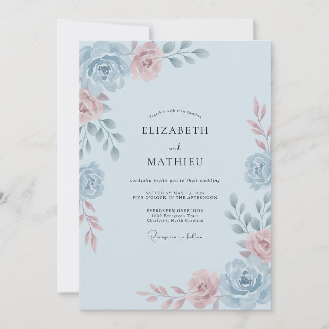 Convites Casamento Romântico com Aquarela Azul Claro (Frente)