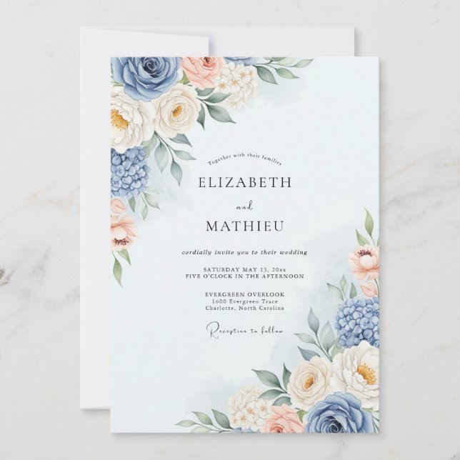Convites Casamento Romântico com Aquarela Azul Empoeirada (Frente)