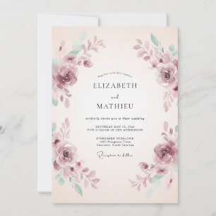 Convites Casamento Romântico com Aquarela Bege Roxa
