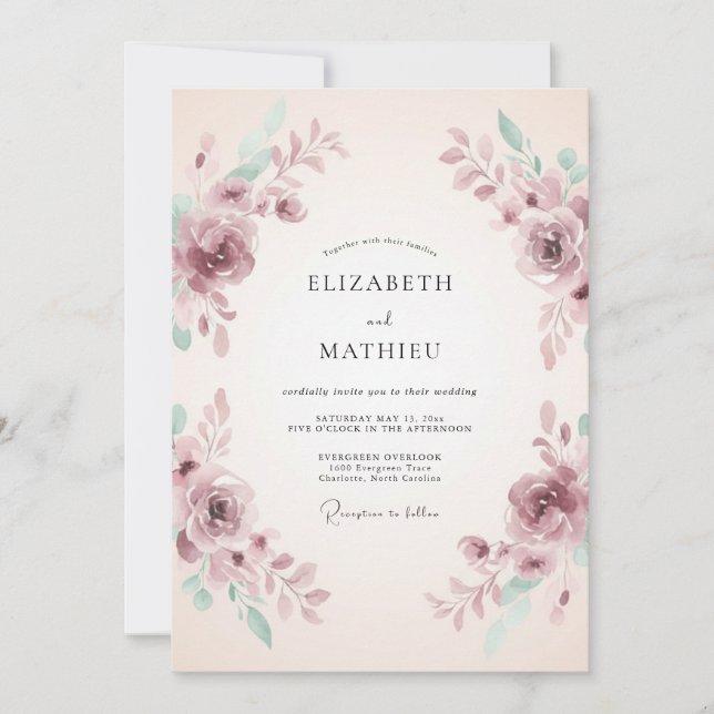 Convites Casamento Romântico com Aquarela Bege Roxa (Frente)