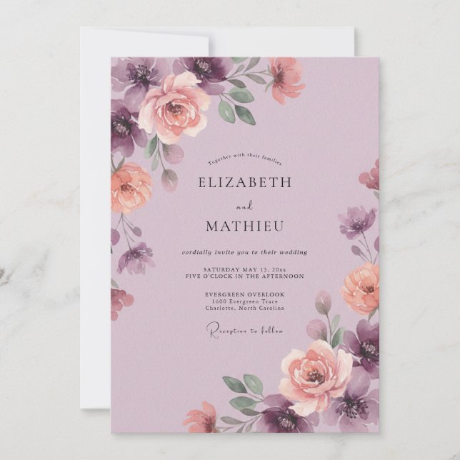 Convites Casamento Romântico com Aquarela de Ameixa (Frente)