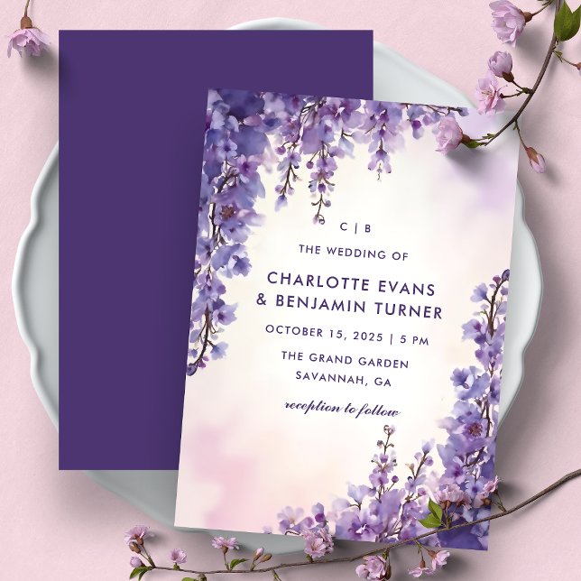 Convites Casamento Romântico com Aquarela de Wisteria Roxa  (Criador carregado)
