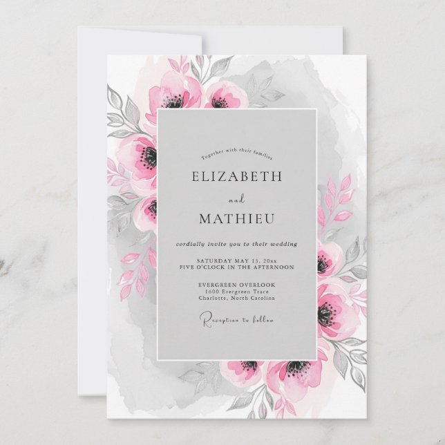 Convites Casamento Romântico com Aquarela Floral Rosa (Frente)