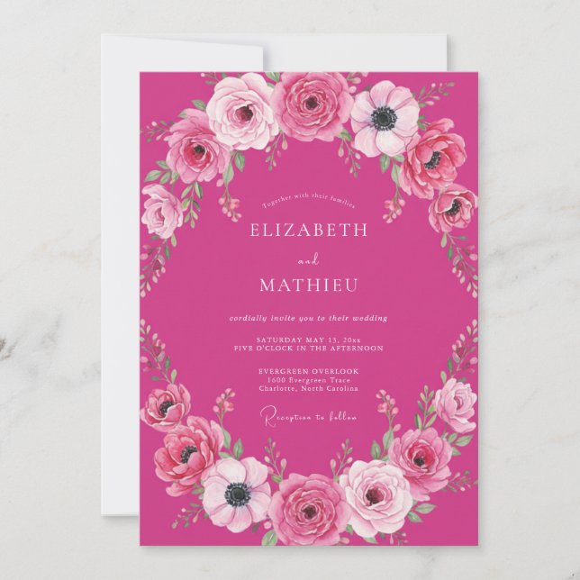 Convites Casamento Romântico com Aquarela Ousada em Fuchsia (Frente)