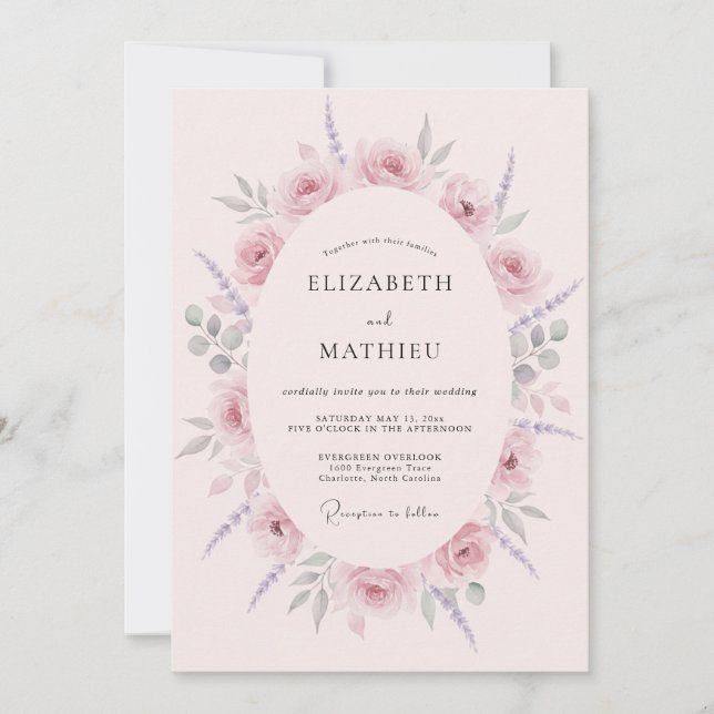 Convites Casamento Romântico com Aquarela Rosa Bege (Frente)