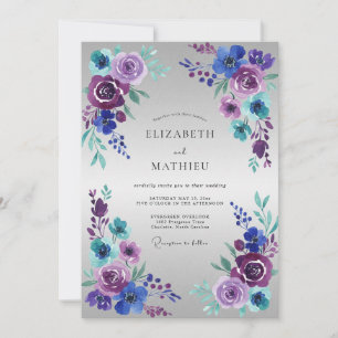 Convites Casamento Romântico com Aquarela Roxa e Turquesa