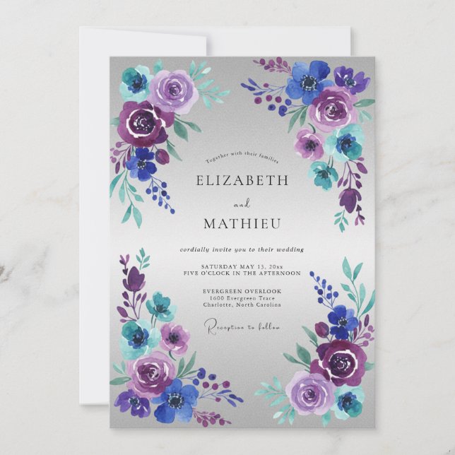 Convites Casamento Romântico com Aquarela Roxa e Turquesa (Frente)