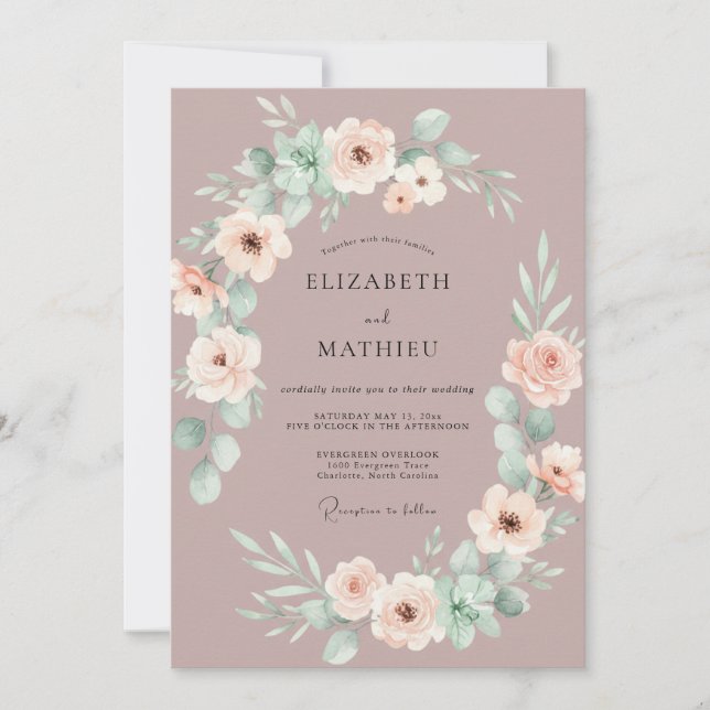 Convites Casamento Romântico com Aquarela Suave em Bege (Frente)