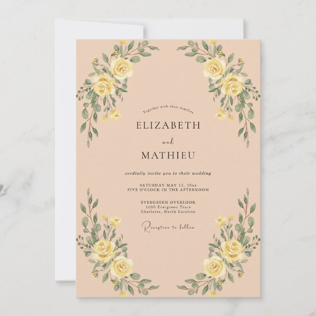 Convites Casamento Romântico com Arco Floral Amarelo (Frente)