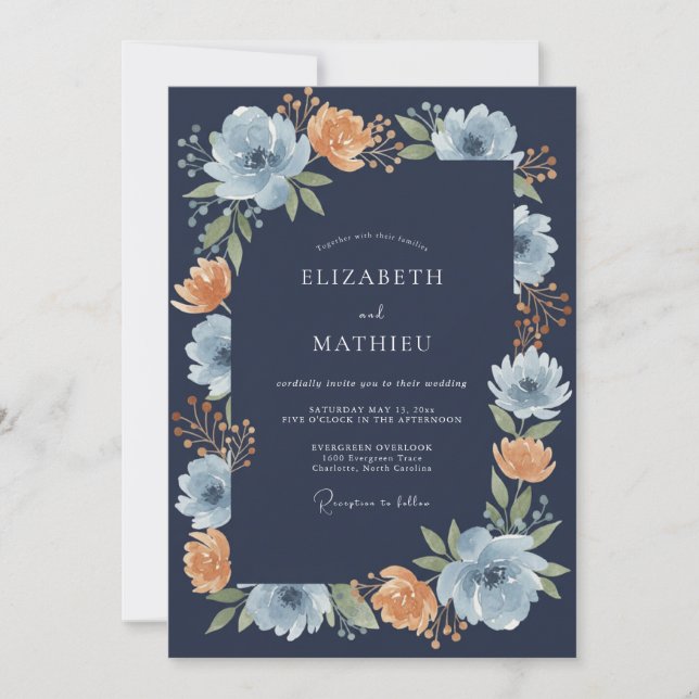 Convites Casamento Romântico com Arco Floral Azul Marinho (Frente)