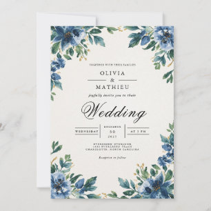 Convites Casamento Romântico com Arco Floral Azul Profundo