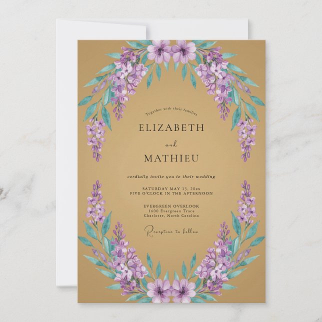 Convites Casamento Romântico com Arco Floral de Lavanda (Frente)