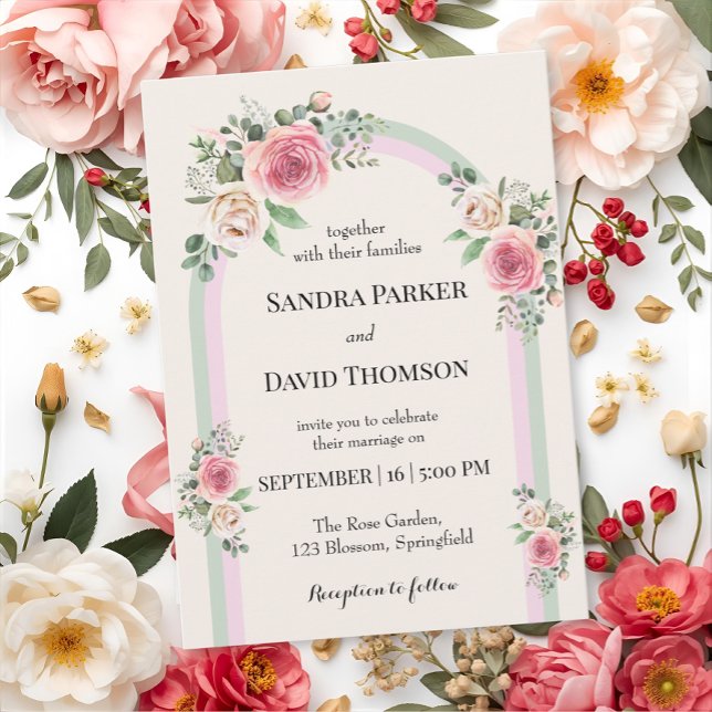Convites Casamento Romântico com Arco Floral de Pastéis Sua (Criador carregado)