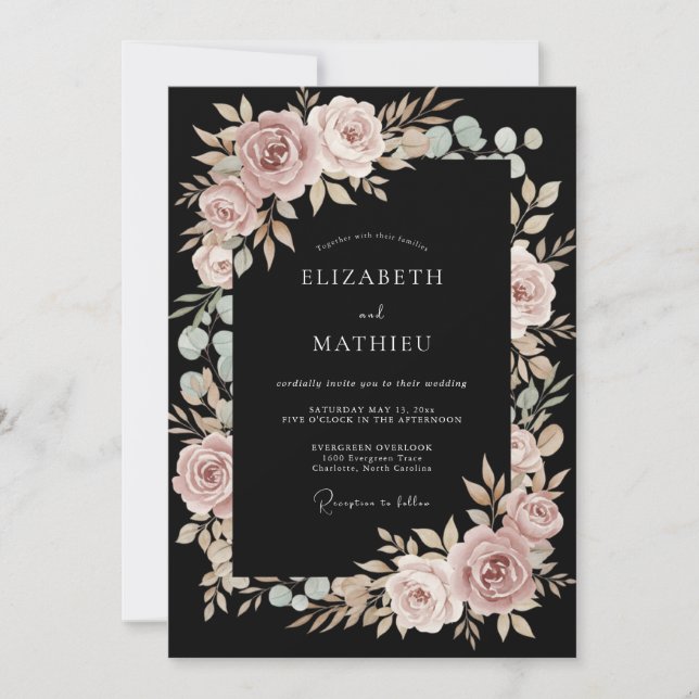 Convites Casamento Romântico com Arco Floral Rosa (Frente)