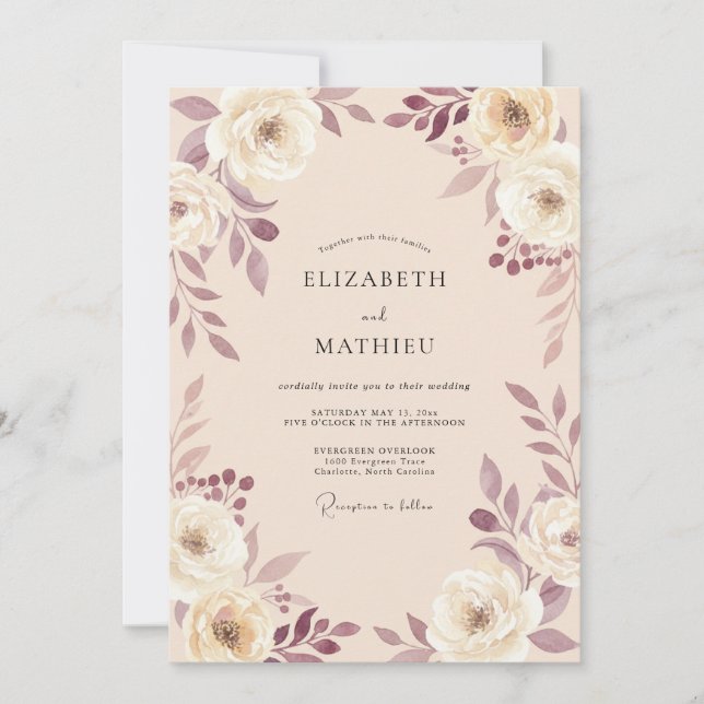 Convites Casamento Romântico com Arco Floral Roxa (Frente)