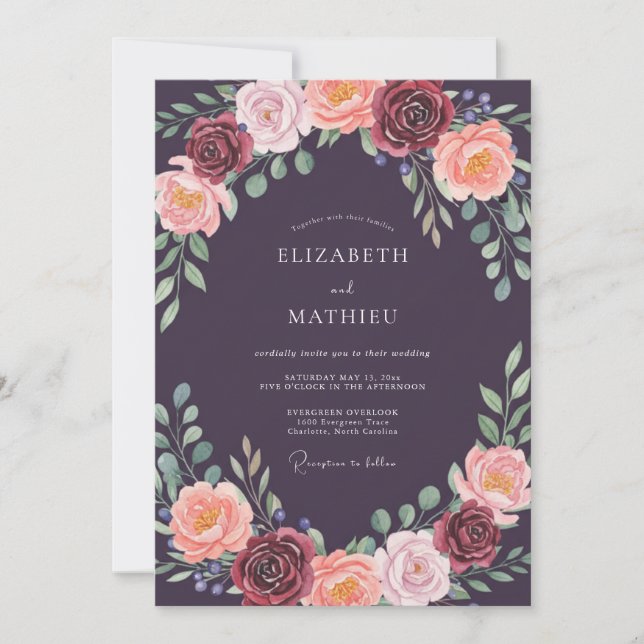 Convites Casamento Romântico com Arco Floral Roxo Intenso (Frente)