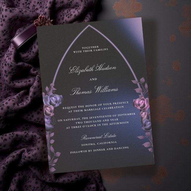 Convites Casamento Romântico com Arco Gótico Roxo Escuro e  (blue and purple wedding invitation dark moody romantic gothic arch modern classic elegant formal)