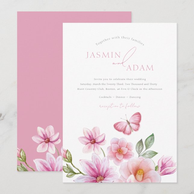 Convites Casamento Romântico com Borboleta Floral Rosa (Frente/Verso)