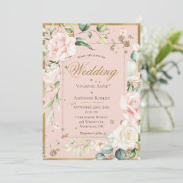 Convites Casamento Romântico com Dourada Aquarela Rosa Blus