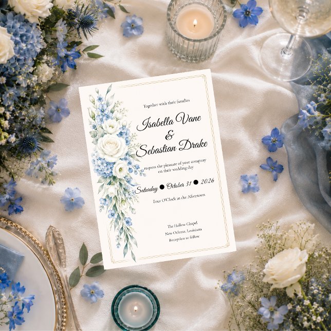 Convites Casamento Romântico com Elegante Floral Azul Sujo (Criador carregado)