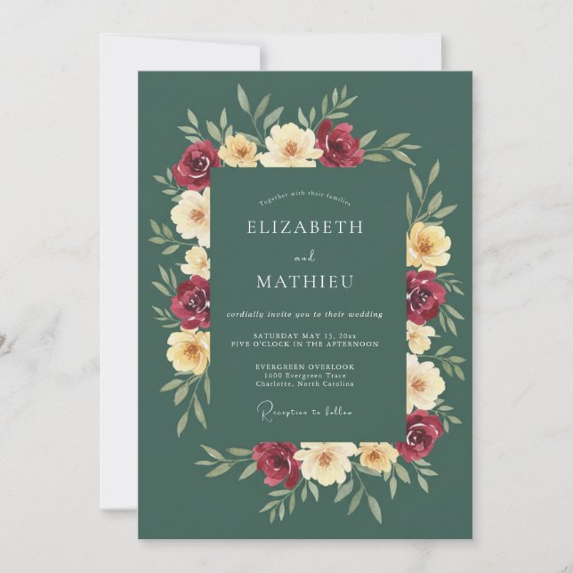 Convites Casamento Romântico com Embrulho Floral Borgonha (Frente)
