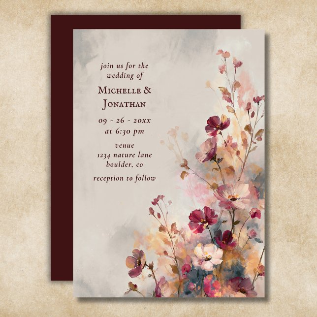Convites Casamento Romântico com Flor de Água Burgundy (Romantic Burgundy Watercolor Wildflower Wedding Invitation)