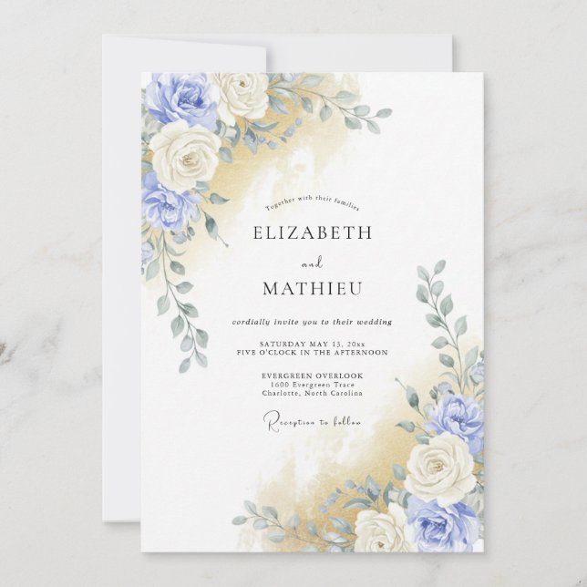 Convites Casamento Romântico com Flor de Aquarela Azul (Frente)