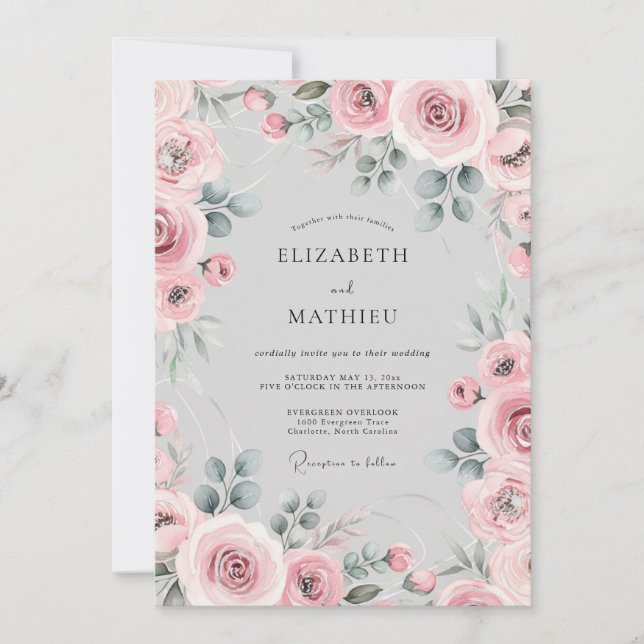 Convites Casamento Romântico com Flor de Aquarela Rosa (Frente)