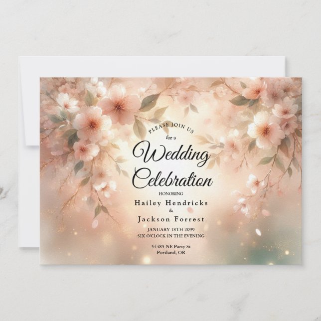 Convites Casamento Romântico com Flor de Cerejeira Blush (Frente)