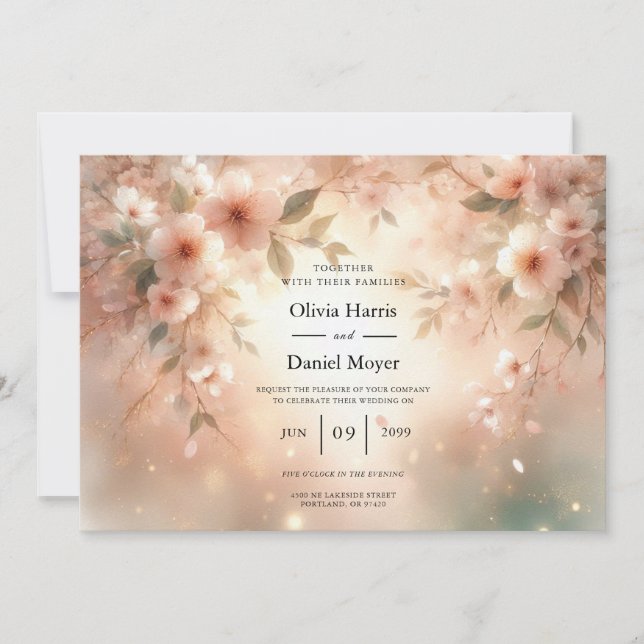 Convites Casamento Romântico com Flor de Cerejeira Rosada (Frente)