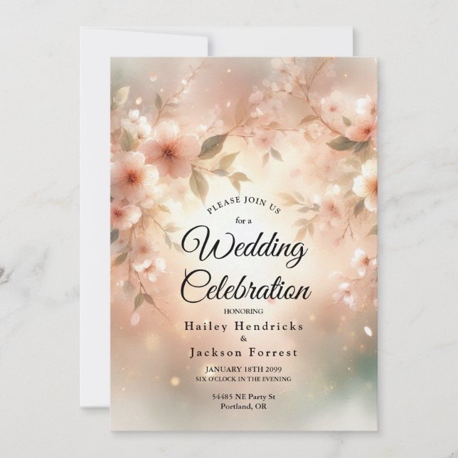 Convites Casamento Romântico com Flor de Cerejeira Rosada (Frente)