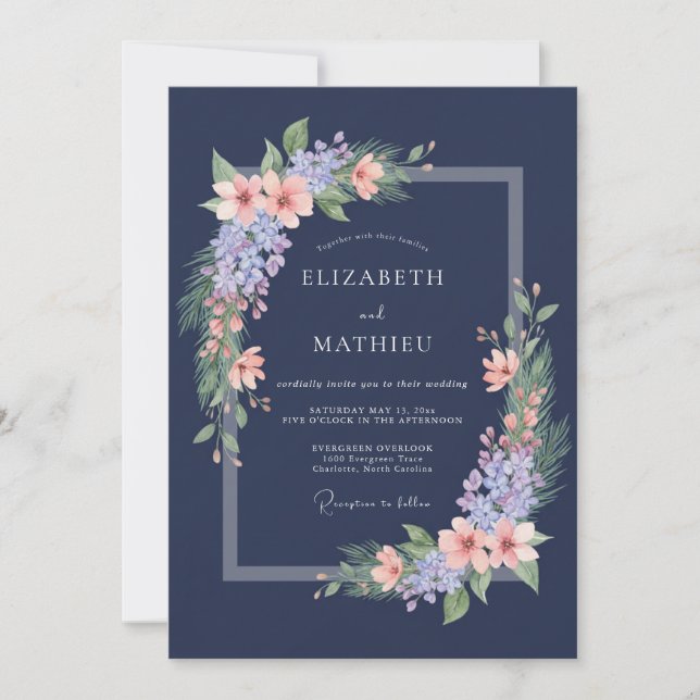 Convites Casamento Romântico com Flor de Lilás Azul-Marinho (Frente)