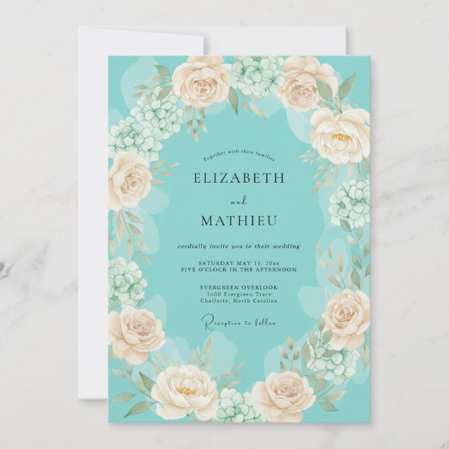 Convites Casamento Romântico com Flor de Pessegueiro Azul (Frente)