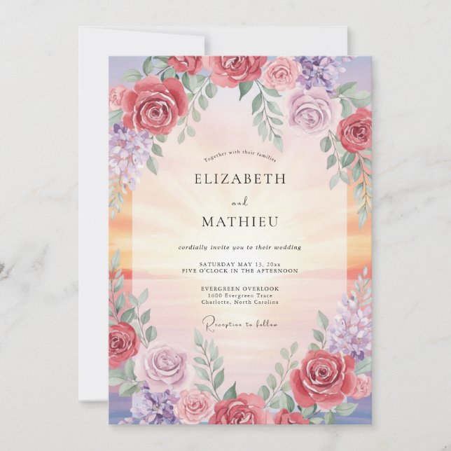 Convites Casamento Romântico com Flor de Rosa Empoeirada (Frente)