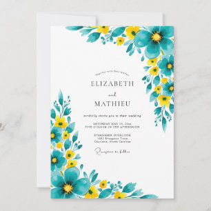 Convites Casamento Romântico com Florada Azul-Verde e Amare