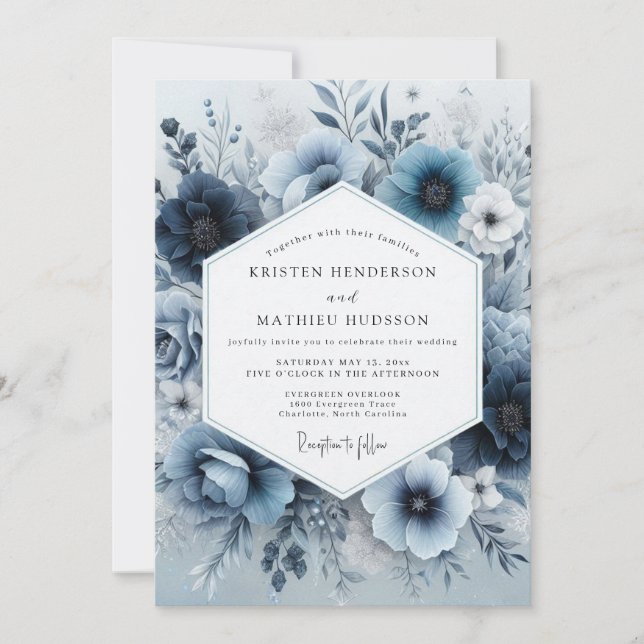 Convites Casamento Romântico com Floral Azul Empoeirado (Frente)