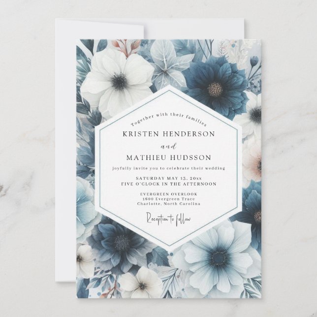 Convites Casamento Romântico com Floral Azul Poeirento (Frente)