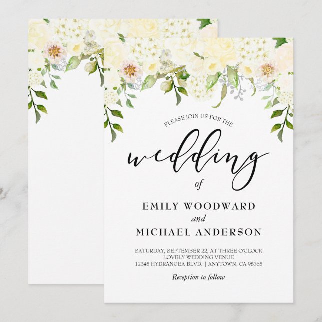 Convites Casamento Romântico com Floral em Creme Marfim em  (Frente/Verso)