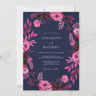 Convites Casamento Romântico com Floral Magenta Naval em Aq
