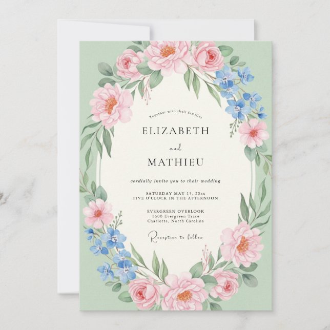 Convites Casamento Romântico com Floral Rosa Pálido (Frente)