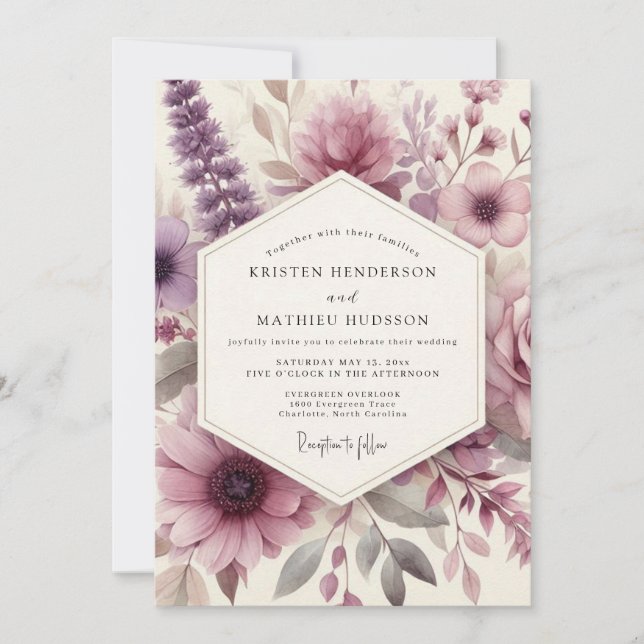 Convites Casamento Romântico com Floral Roxo Pó (Frente)