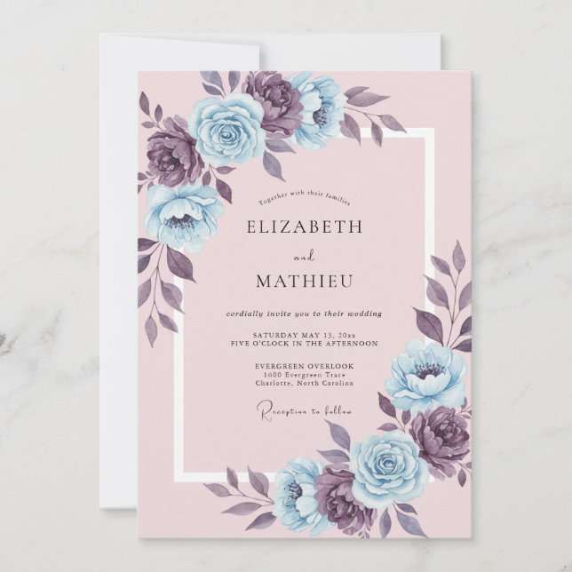 Convites Casamento Romântico com Floral Roxo Pó (Frente)