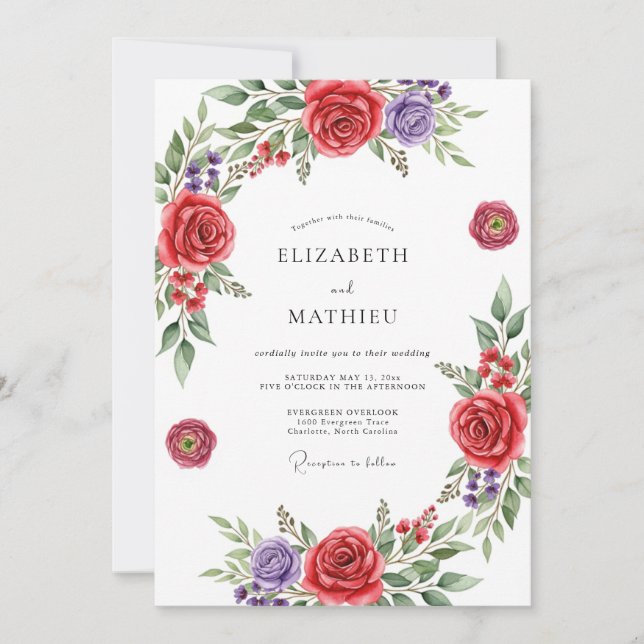Convites Casamento Romântico com Floral Vermelho (Frente)